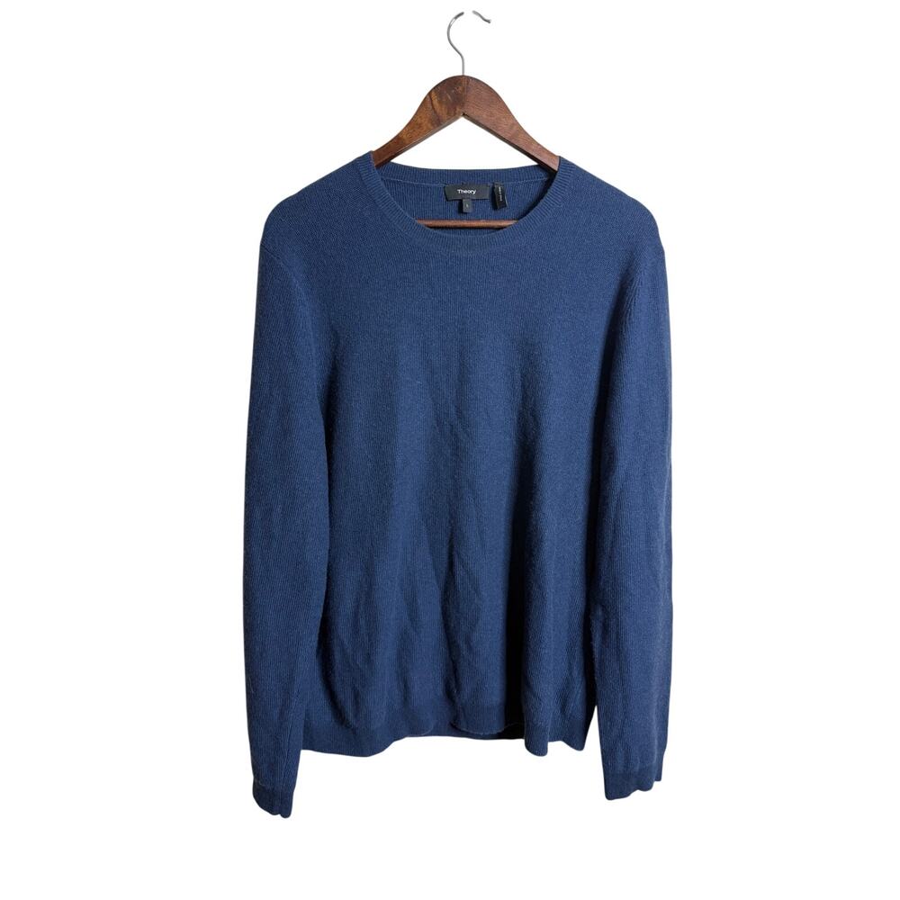 Theory Medin C Sweater Mens Large 100% Cashmere Blue Crewneck Pullover Luxury
